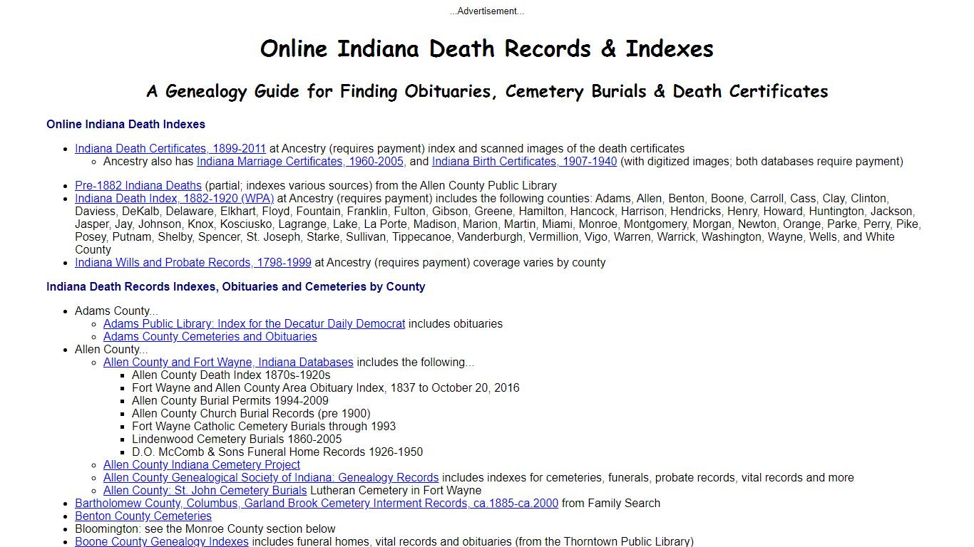 Online Indiana Death Indexes, Records & Obituaries